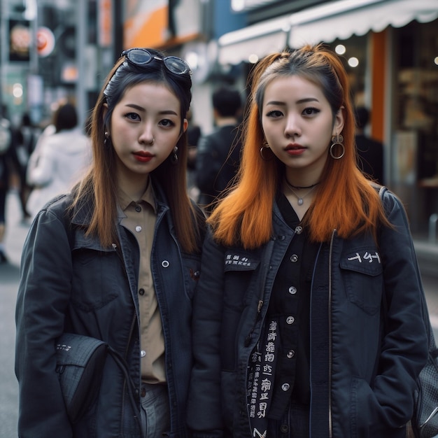 Generativo ai gemelli asiatici sorelle fratelli in posa all'aperto strada cittadina