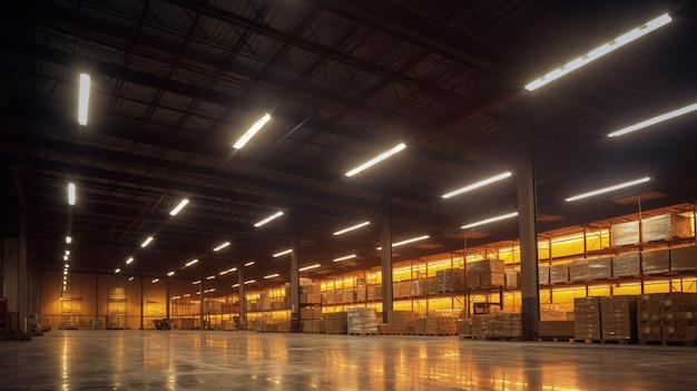 Generativo AI interno del magazzino con illuminazione LED edificio dell'industria centro di distribuzione al dettaglio