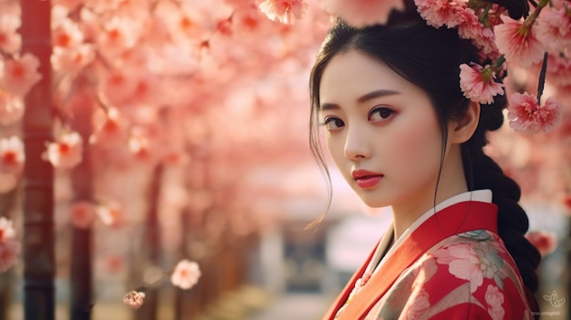 Generativo ai Kimono tradizionale della ragazza asiatica e giardino della ciliegia