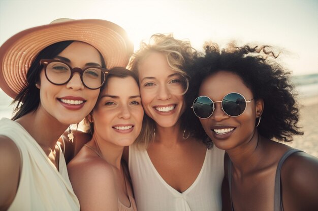 Generativo ai mezza età gruppo sorridente felice amici multietnici in spiaggia prendendo selfie