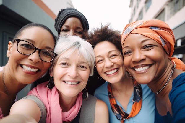 Generativo ai mezza età sorridente felice gruppo multietnico prendendo selfie