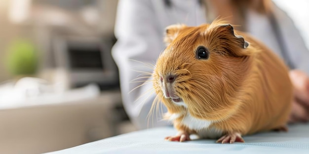 Generativo AI piccolo porcellino d'India carino sul tavolo che viene esaminato da un veterinario professionista i
