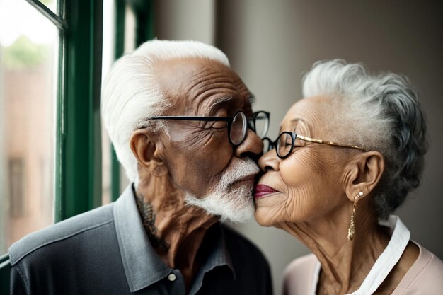 Generativo ai ritratto di romantiche coppie nere anziane carine a casa che si baciano