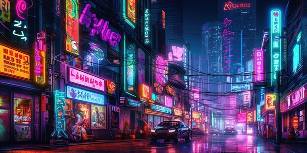 Generativo AI Scena notturna della grande città in stile cyberpunk futuristico nostalgico anni '80 anni '90