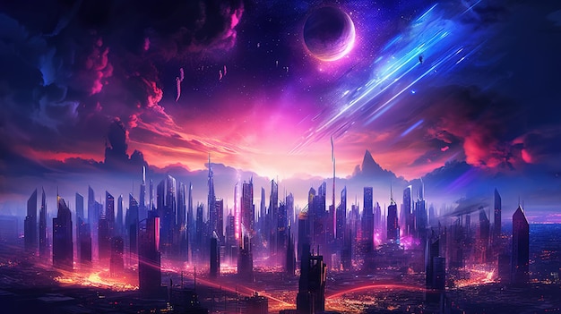 Generativo AI Synthwave stile di un paesaggio urbano futuristico con luci al neon e cielo rosso e viola