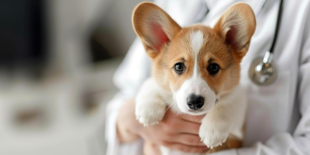 Generativo AI veterinario medico sta tenendo in mano carino piccolo cucciolo clinica veterinaria cane