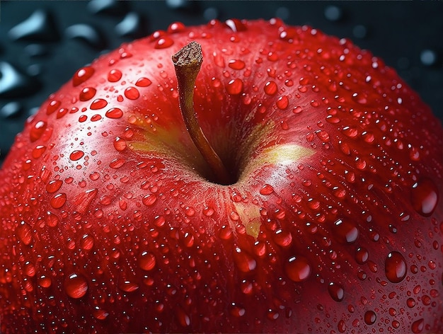 Generativo IA di una mela rossa in primo piano con goccia d'acqua