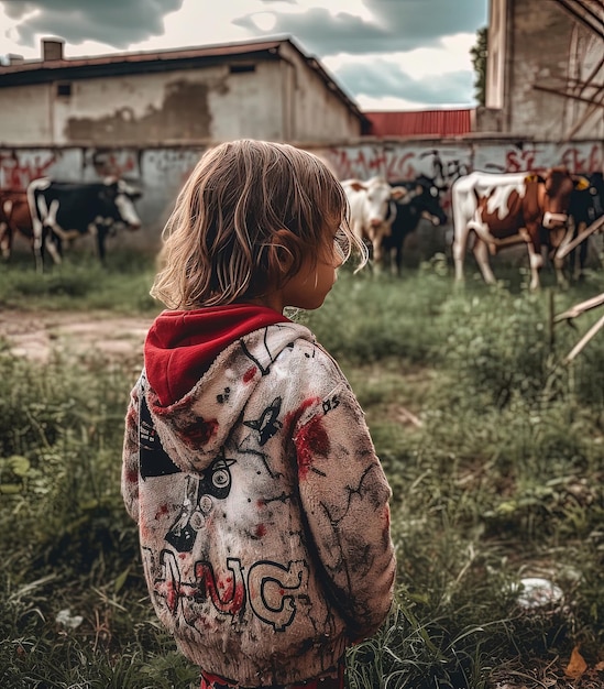 Generato con AI Bambina che guarda e gioca con le mucche nella fattoria