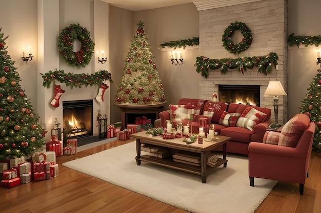 Generato dall'intelligenza artificiale, accogliente salotto per la sera di Natale con albero di Natale
