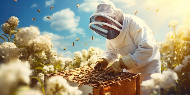 Generato dall'intelligenza artificiale AI Generative Nature guardiano della birra all'aperto uomo persona favo di miele che raccoglie fiori