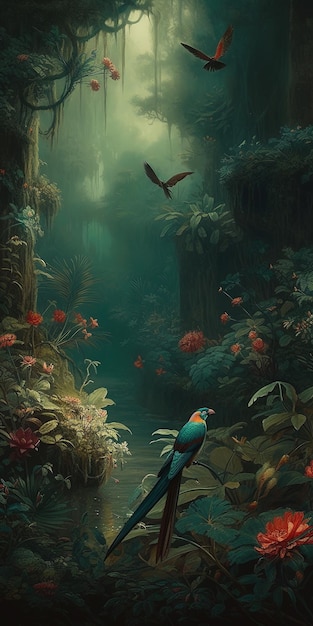 Generato dall'intelligenza artificiale Bellissimo dipinto a olio realistico della giungla con uccelli e fiori multicolori