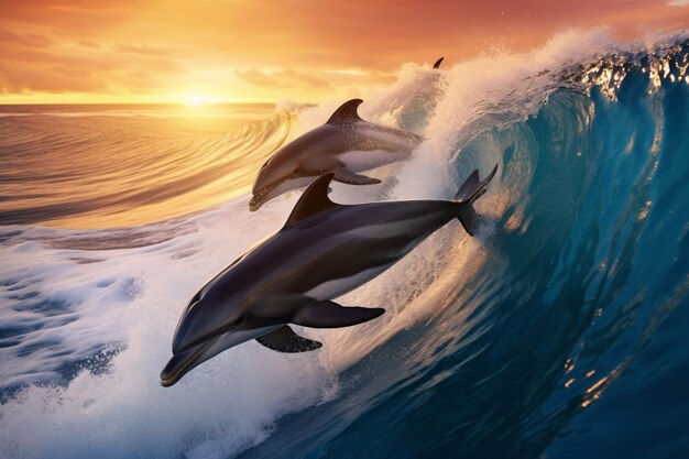 Generato dall'intelligenza artificiale Delfini giocosi che saltano sulle onde che si infrangono Scenario della fauna selvatica dell'Oceano Pacifico delle Hawaii Animali marini in habitat naturale