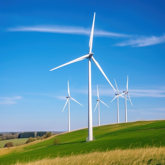 Generatore di turbine eoliche stand in prati verdi contro il cielo