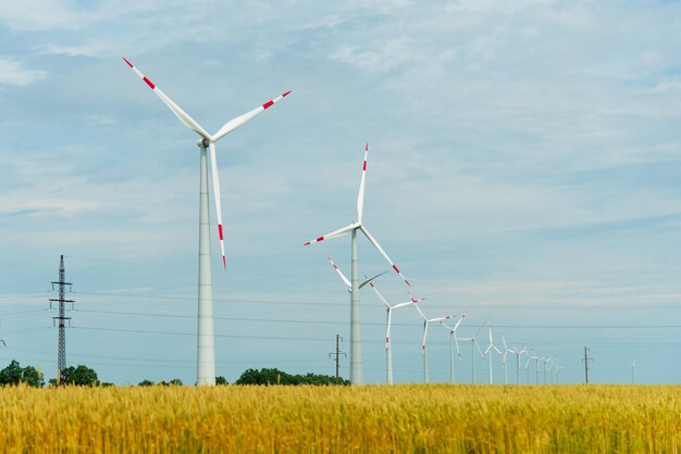 Generatori eolici in un campo di grano Ecologia Ingegneria dell'energia Estate 2022 Energie alternative