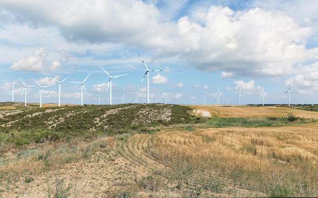 Generatori eolici su uno sfondo di campo e cielo in Spagna