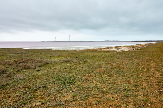 Generatori eolici sulla riva di un lago con acqua rosa in tempo nuvoloso contro un cielo grigio.