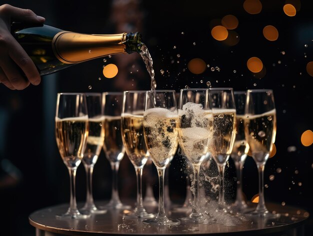 Generazione Ai Champagne versato in bicchieri su sfondo sfocato con effetto bokeh di alta qualità