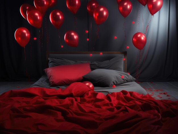 Generazione AI Sfondo romantico di San Valentino con letto con lenzuola rossa petali di rosa e candele