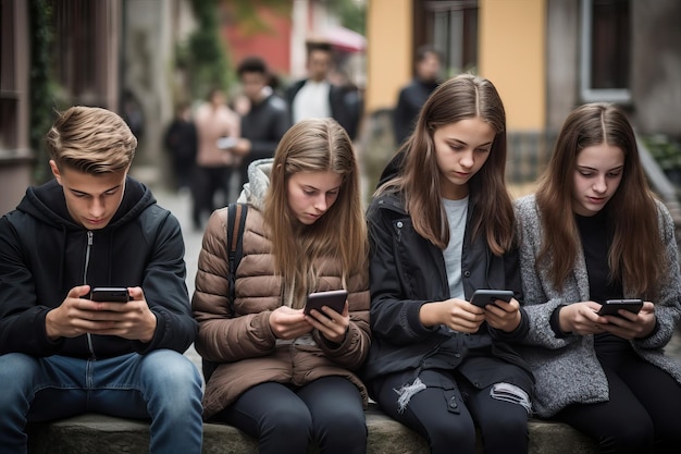 Generazione Zombie Adolescenti che comunicano online seduti l'uno accanto all'altro Addiczione dell'infanzia e dell'adolescenza ai social network Fuggire dalla vita reale a Internet