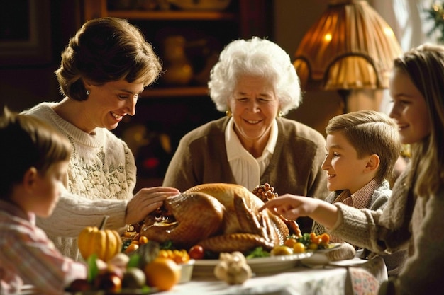 Generazioni di famiglie guardano la madre che porta il tacchino