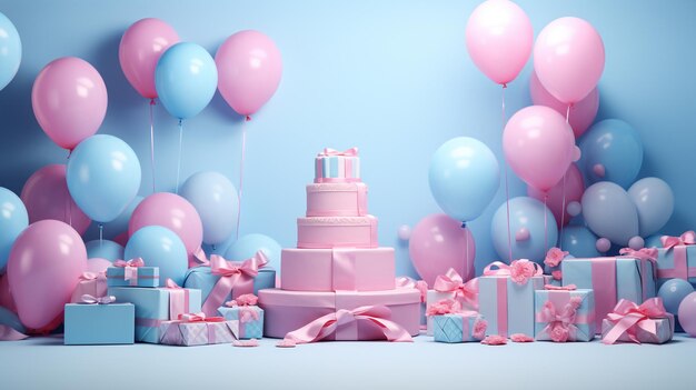 Genere rivela festa lui o lei colori blu e rosa congratulazioni celebra il neonato gravidanza sorprese baloons torta regali coriandoli banner poster copia spazio sfondo biglietto di auguri