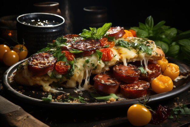 Generosa fetta di pizza artigianale con peperoni al formaggio fuso e ananas caramellato generativa IA