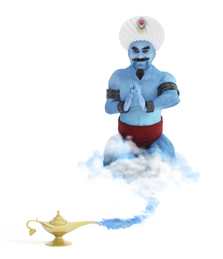 Foto genio e la lampada magica isolata su bianco