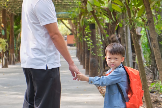 Genitore che porta il figlio a scuola, padre e figlio che tengono la mano