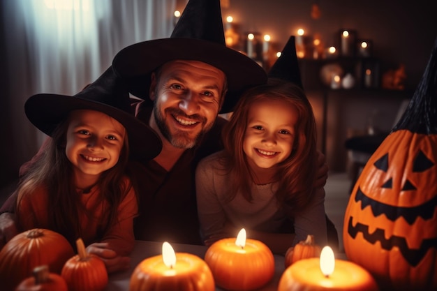 genitore di famiglia con bambini piccoli che si preparano per le vacanze AI generativa di Halloween
