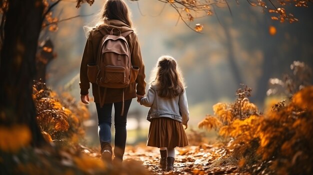 Genitore e allievo di scuola materna Donna e ragazza con zaino dietro la schiena Inizio delle lezioni Primo giorno d'autunno