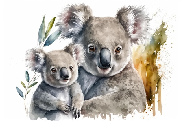 Genitore e cucciolo di koala orso in un ritratto Illustrazione in acquerello della famiglia koala