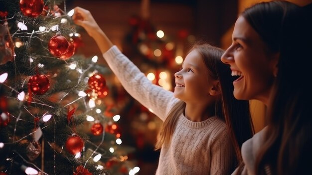 Genitore felice che aiuta sua figlia a decorare la casa albero di Natale Xmas