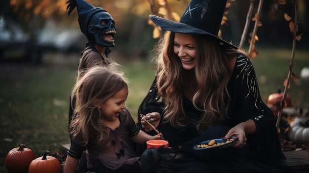 Genitore felice e figli scolpiscono insieme una zucca per la festa di Halloween