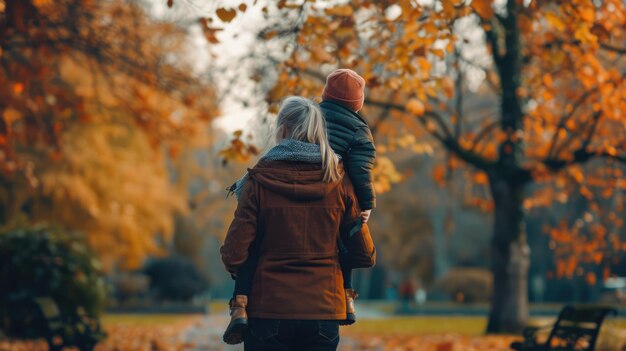 Genitori che portano il figlio sulle spalle mentre camminano nel parco