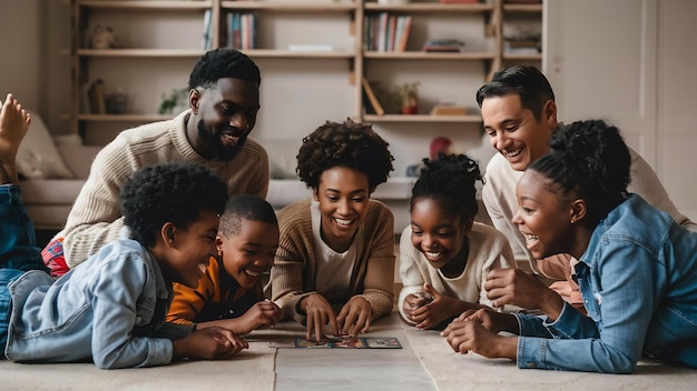 Genitori con i figli sdraiati sul pavimento