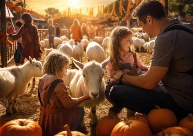 Genitori e bambini che danno da mangiare agli animali in uno zoo di coccole di zucca