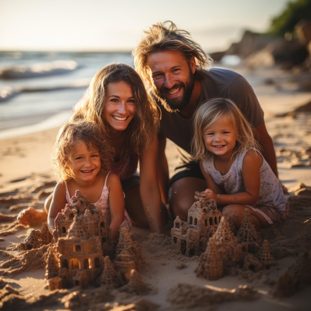 Genitori e bambini felici che costruiscono castelli di sabbia sulla spiaggia