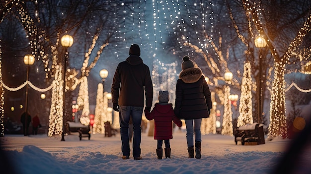 Genitori e bambini in famiglia in un bellissimo giardino d'inverno con luci natalizie sugli alberi la sera