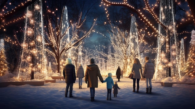 Genitori e bambini in famiglia in un bellissimo giardino d'inverno con luci natalizie sugli alberi la sera