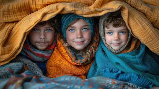 Genitori e figli che costruiscono un forte con coperte e cuscini