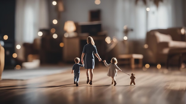 Genitori e figli della famiglia in una passeggiata Figure giocattolo Famiglia felice