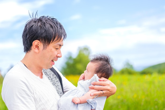 Genitori e figli e cielo blu