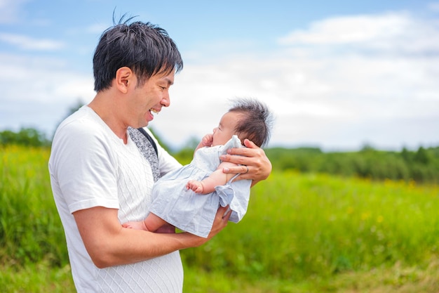 Genitori e figli e cielo blu