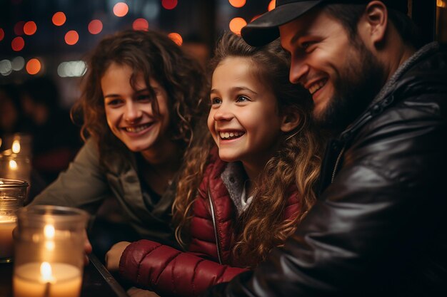 Genitori e figlia che guardano lo schermo e sorridono Famiglia felice di passare del tempo insieme