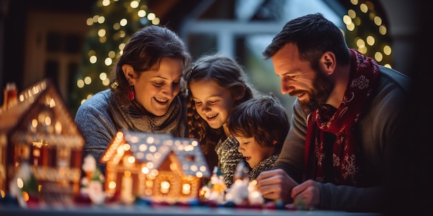 Genitori felici che decorano l'albero di Natale di famiglia con la loro figlia