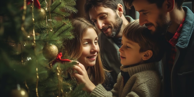 Genitori felici che decorano l'albero di Natale di famiglia con la loro figlia