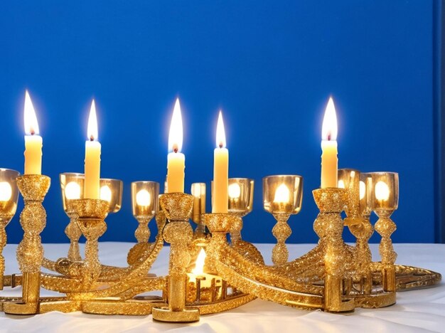 Genitori felici con la figlia che accendono candele in menorah al tavolo da pranzo mentre celebrano Hanukkah a casa