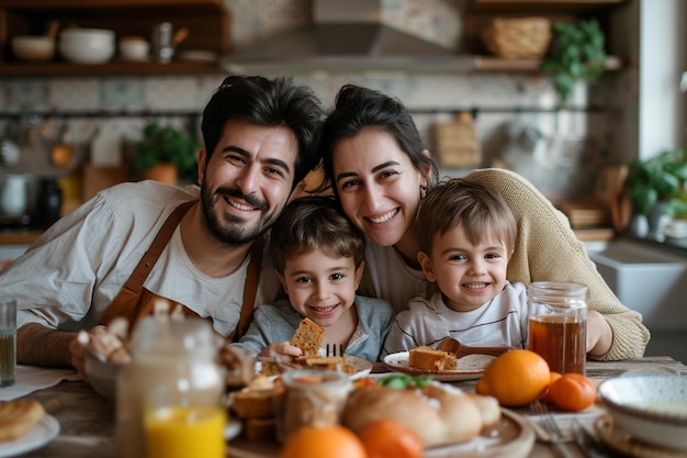 Genitori turchi sorridenti con i loro figli in una bella cucina luminosa che fanno colazione
