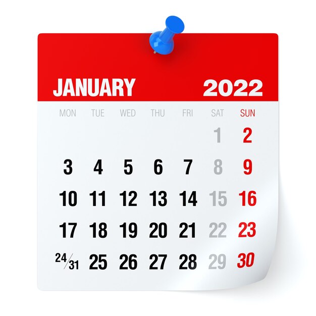 Gennaio 2022 - Calendario. Isolato su sfondo bianco. Illustrazione 3D