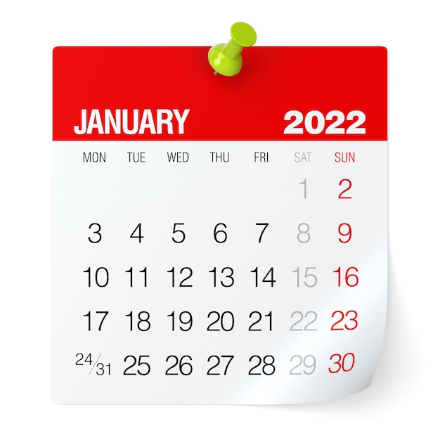 Gennaio 2022 - Calendario. Isolato su sfondo bianco. Illustrazione 3D